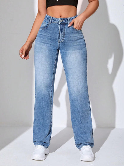 Women's Solid High Waist Wide Leg Denim Jeans